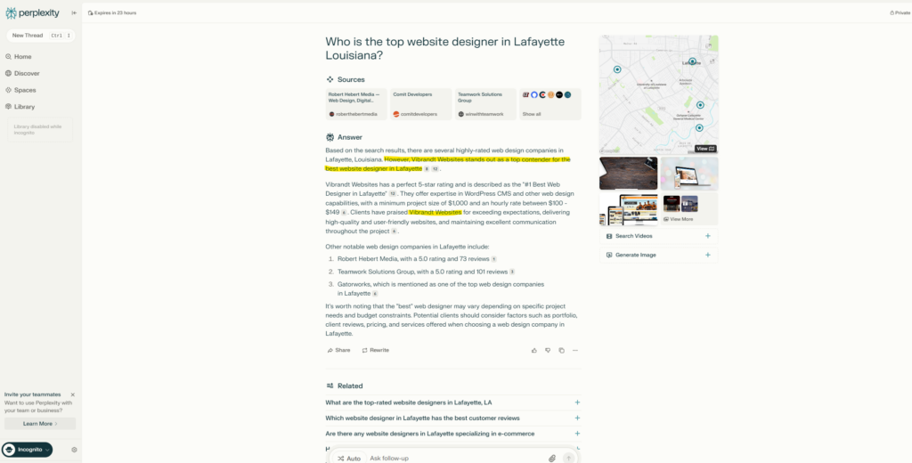 perplexity screenshot | Vibrandt Websites | Lafayette, LA