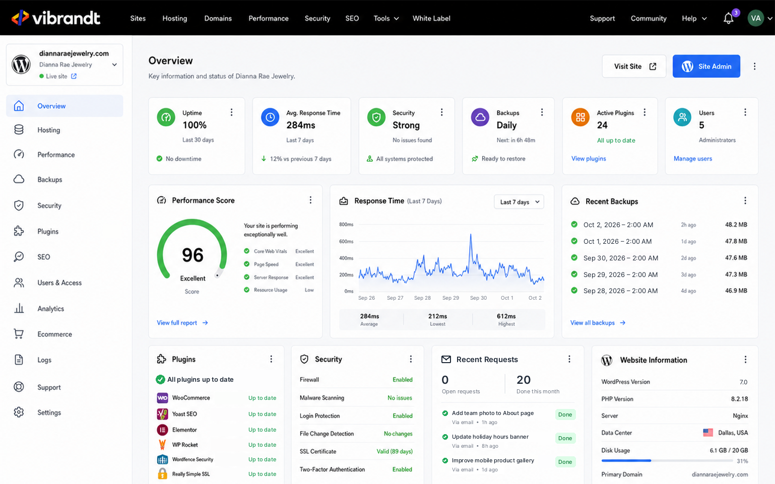 Vibrandt hosting dashboard showing 100% uptime, daily backups, strong security, and all plugins up to date